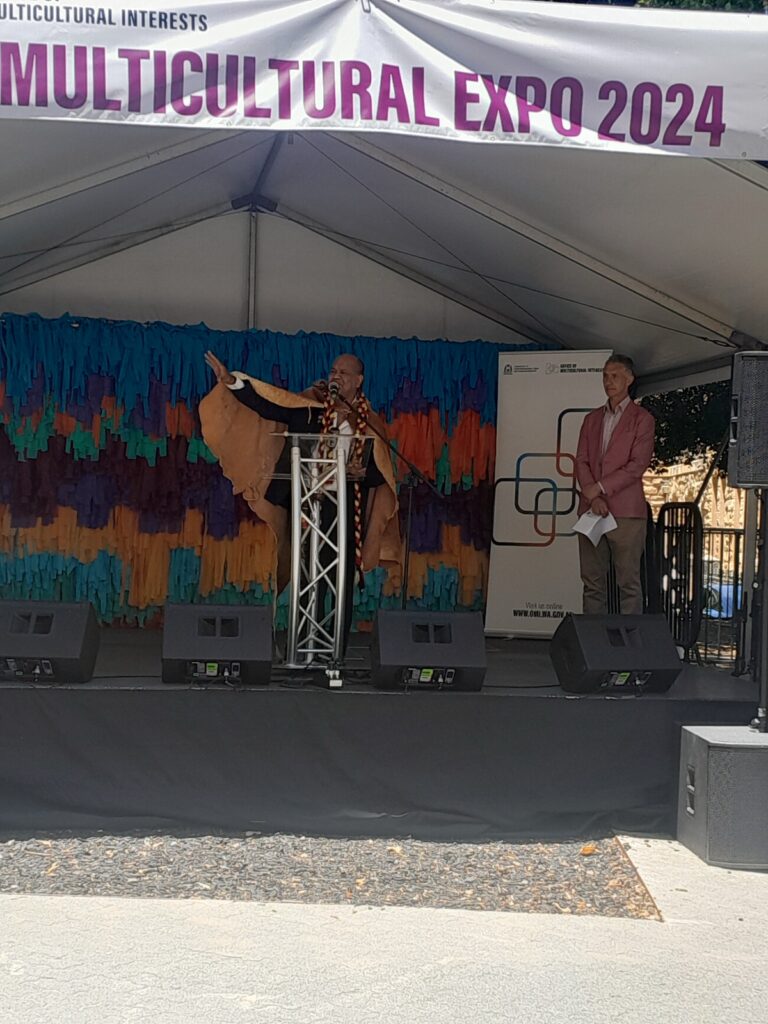 Vaughn McGuire delivering Welcome to Country at the WA Multicultural Expo 2024